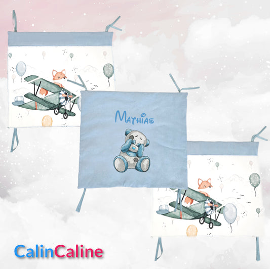 Tour de lit Renard Pilote | 3 coussins 60cm x 40cm | Coton et Velours | A personnaliser