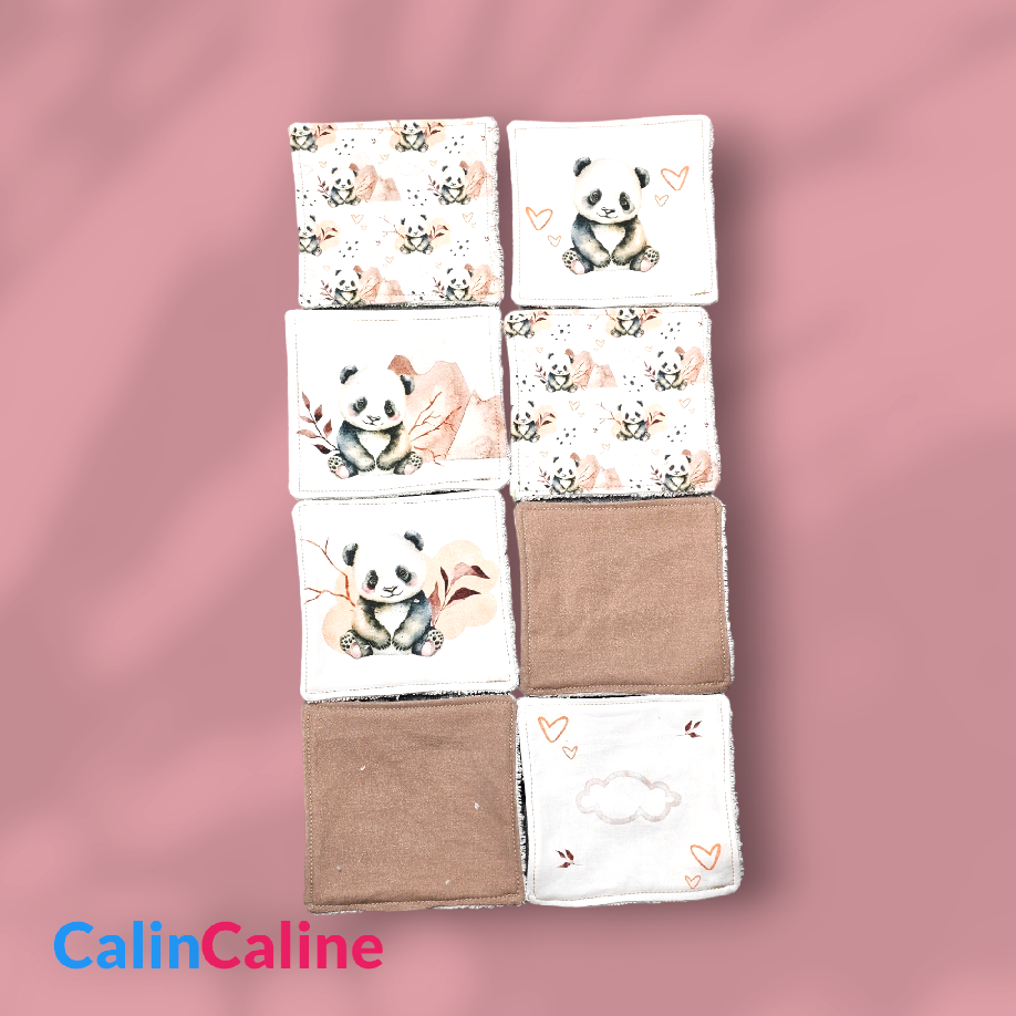 Basket and 8 Washable Cotton Baby Wipes | Brown - Pandas