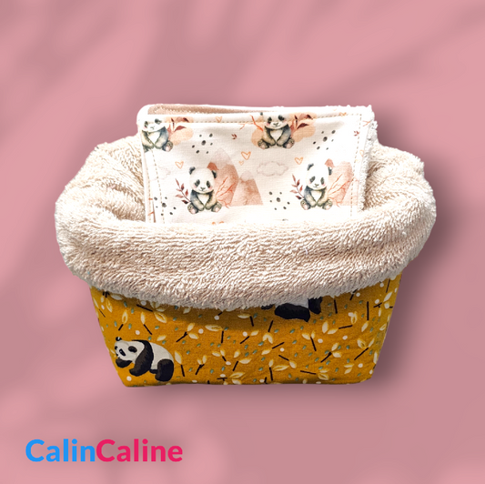 Basket and 8 Washable Cotton Baby Wipes | Brown - Pandas