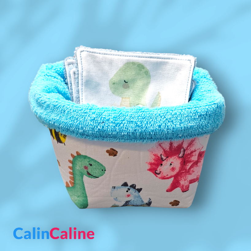 Panier et 8 Lingettes Lavables en Coton pour Bébé | Bleu - Dinosaures