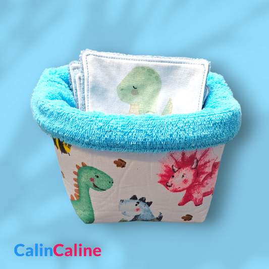Basket and 8 Washable Cotton Baby Wipes | Blue - Dinosaurs