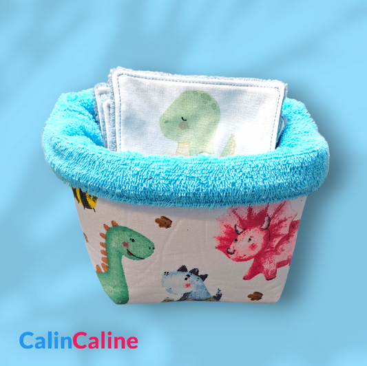 Panier et 8 Lingettes Lavables en Coton pour Bébé | Bleu - Dinosaures