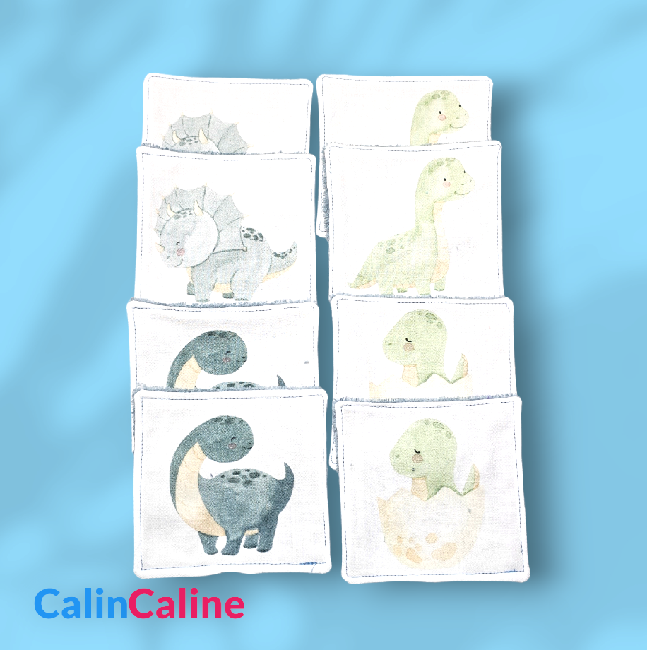 Panier et 8 Lingettes Lavables en Coton pour Bébé | Bleu - Dinosaures