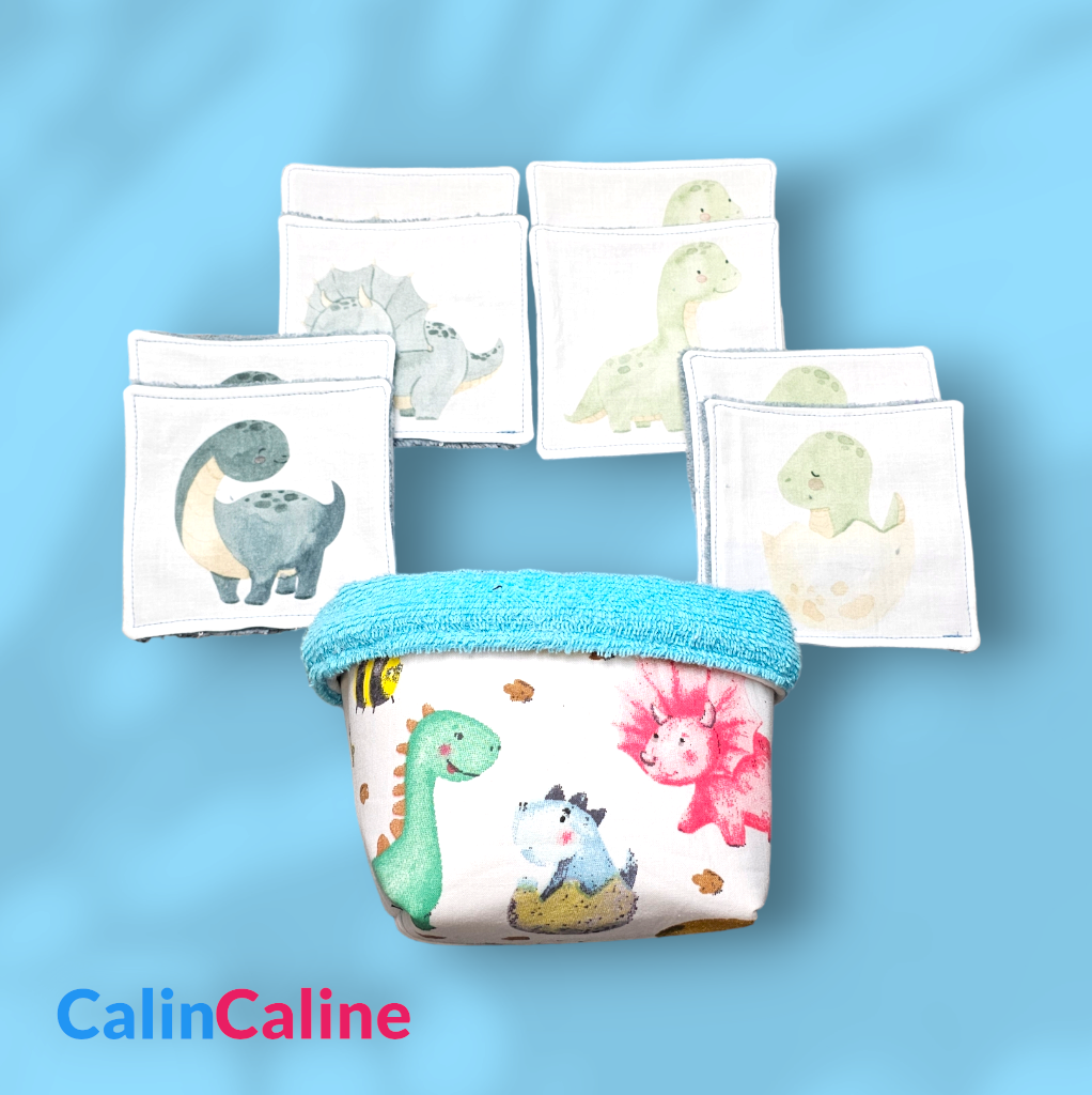 Panier et 8 Lingettes Lavables en Coton pour Bébé | Bleu - Dinosaures