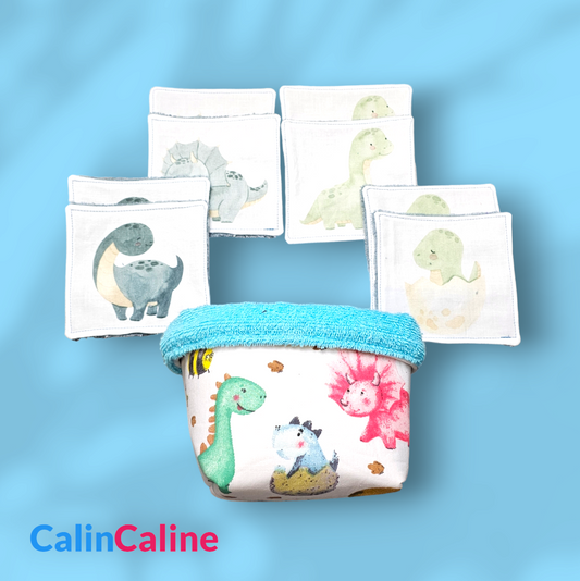 Basket and 8 Washable Cotton Baby Wipes | Blue - Dinosaurs