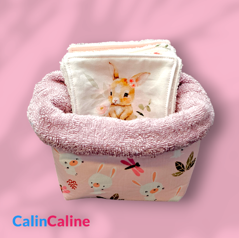 Basket and 8 Washable Cotton Baby Wipes | Pink - Rabbits