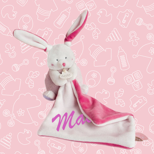 Pantin avec doudou lapin fille 12 cm personnalisé