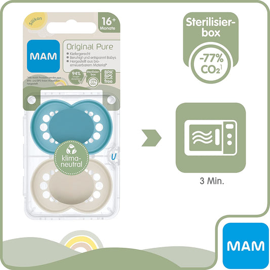 2 personalized MAM PURE pacifiers | 6-16 months | 100% Sustainable | Blue and Beige