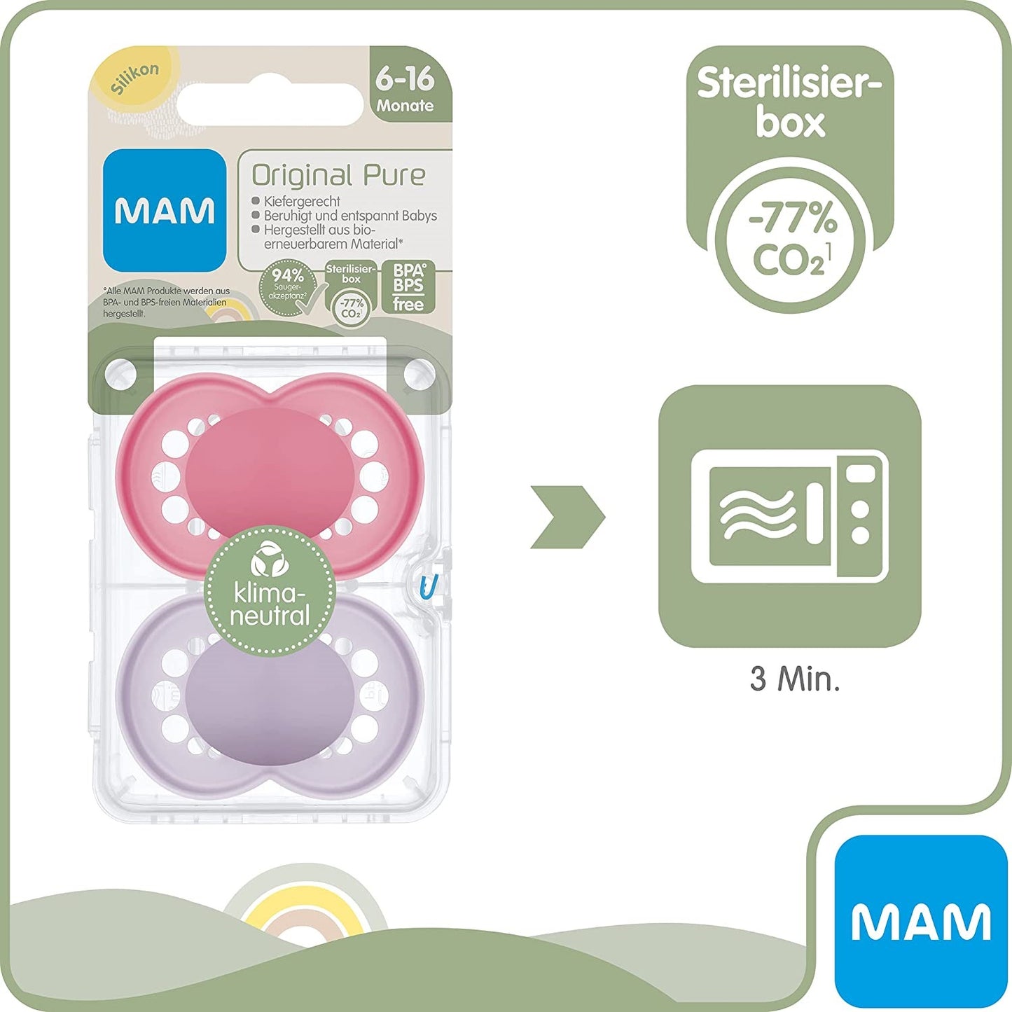 2 personalized MAM PURE pacifiers | 6-16 months | 100% Sustainable | Pink & Purple